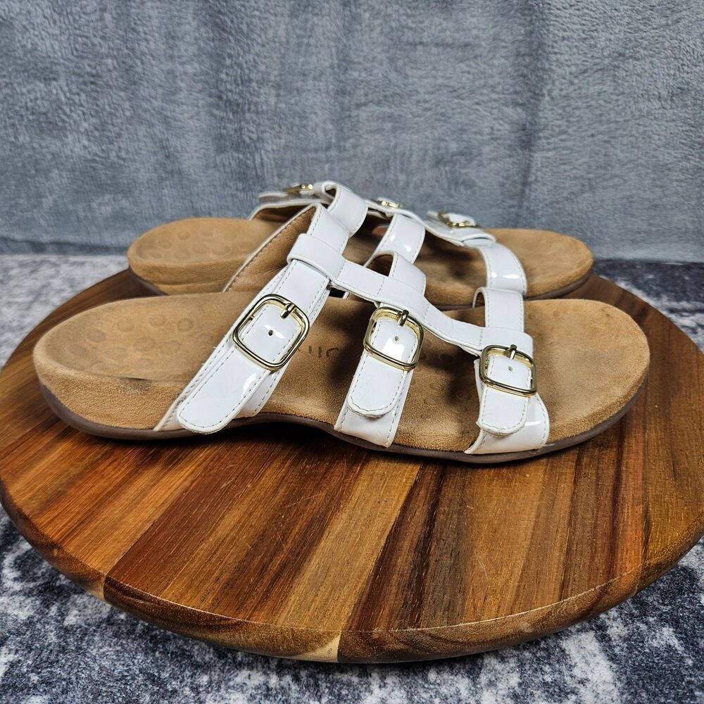 Vionic Misa Slide Sandals White Patent Leather Size 7 Adjustable Straps Buckle